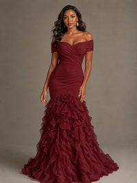 Pink Off-the-Shoulder Mermaid Prom Dress with Ruffles 3D Flowers