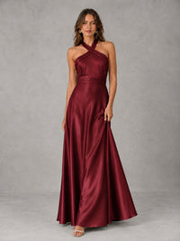 Sage Green Satin A-Line Bridesmaid Dress with Halter Neck