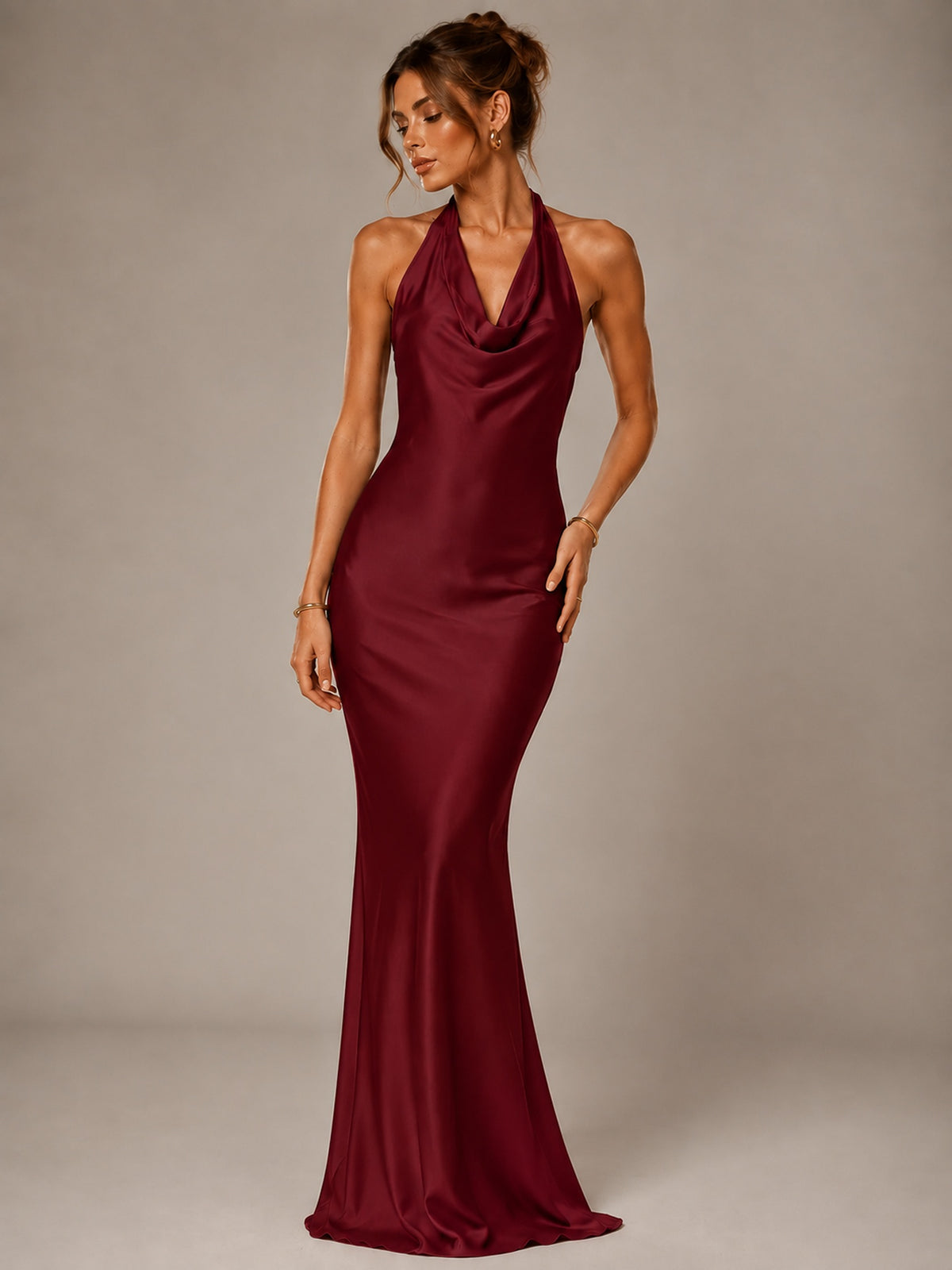 Olive Green Halter Satin Mermaid Maxi Dress