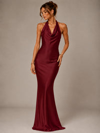 Olive Green Halter Satin Mermaid Maxi Dress