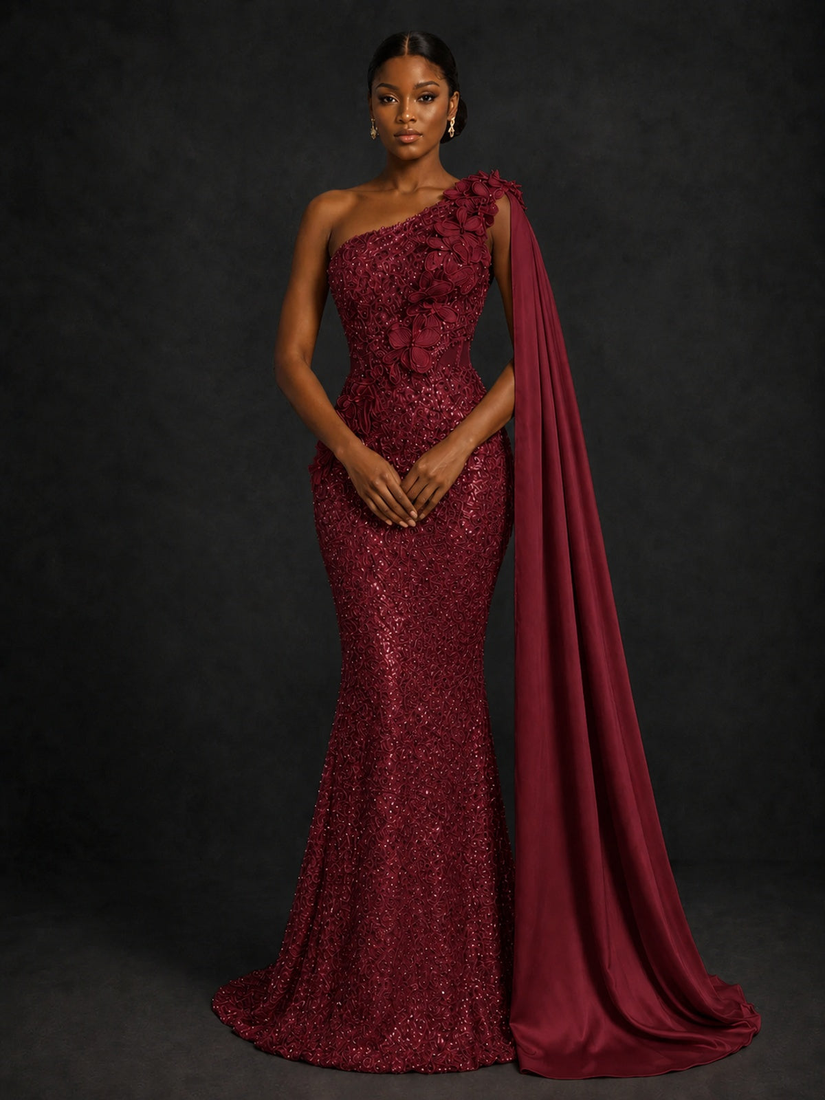 Gold Sequin One Shoulder Mermaid Prom Dress with Cape