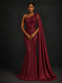 Gold Sequin One Shoulder Mermaid Prom Dress with Cape