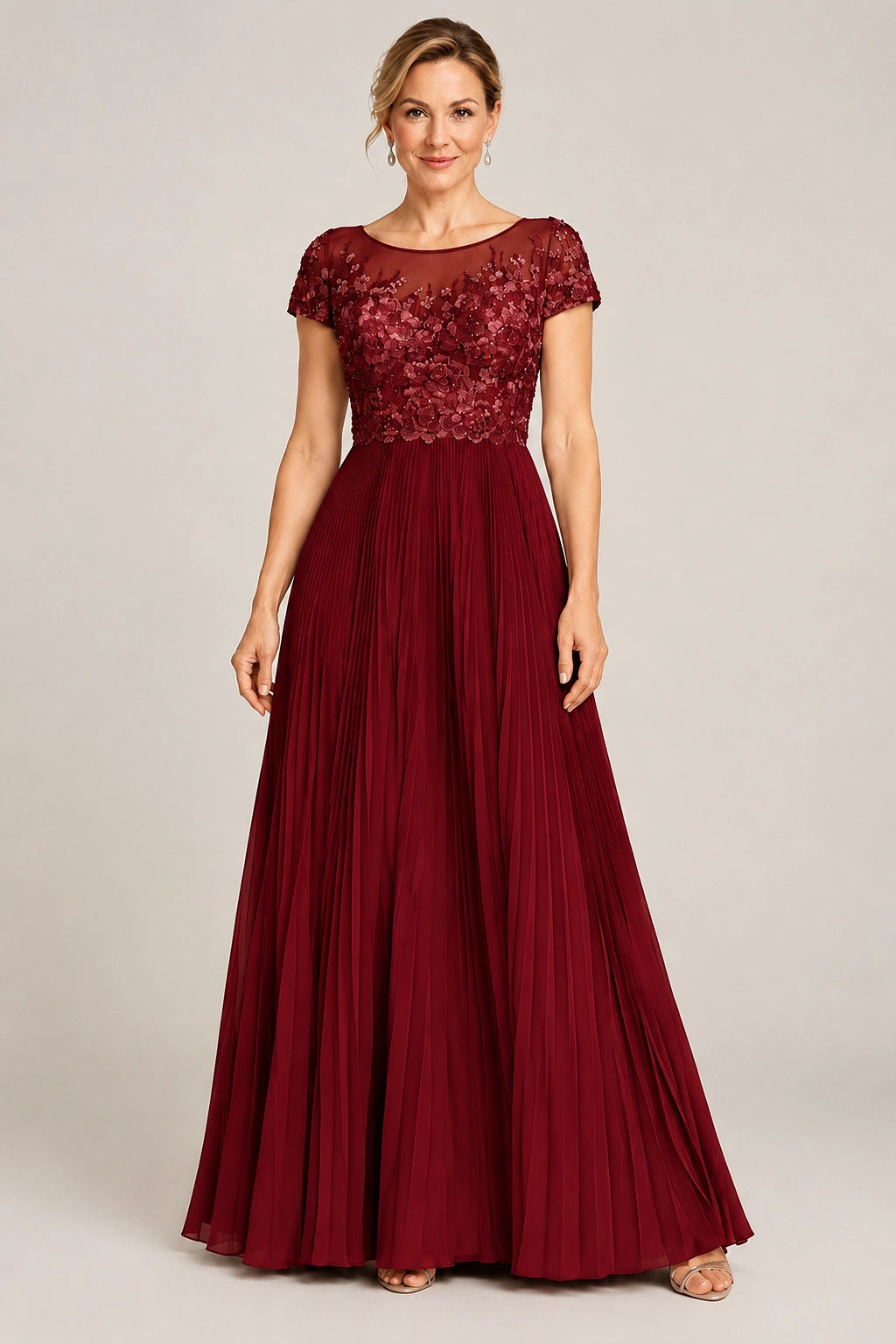 Embroidered Lace Pleated Mother of the Bride Dress