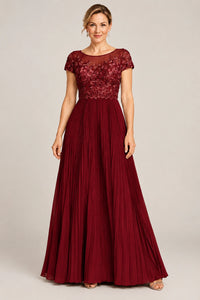 Embroidered Lace Pleated Mother of the Bride Dress