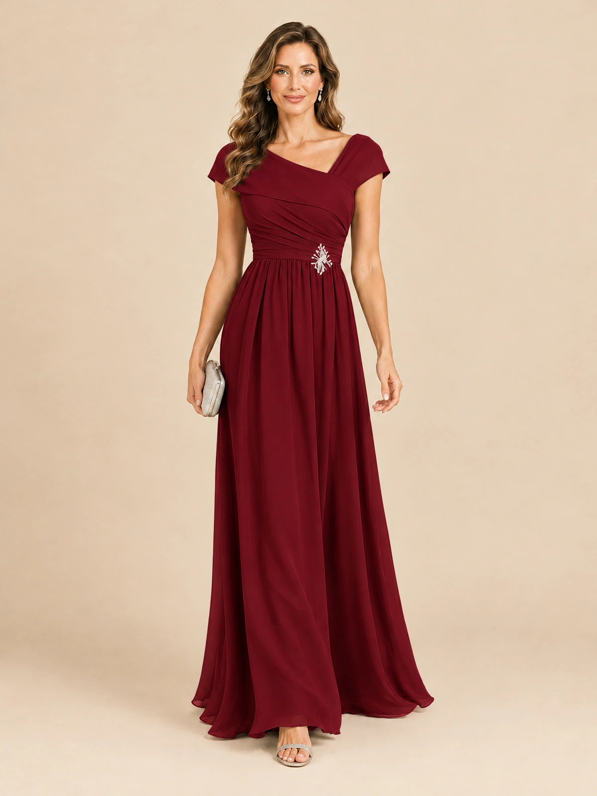 Cap Sleeve Mother of The Bride Dresses Long Chiffon Formal Gowns