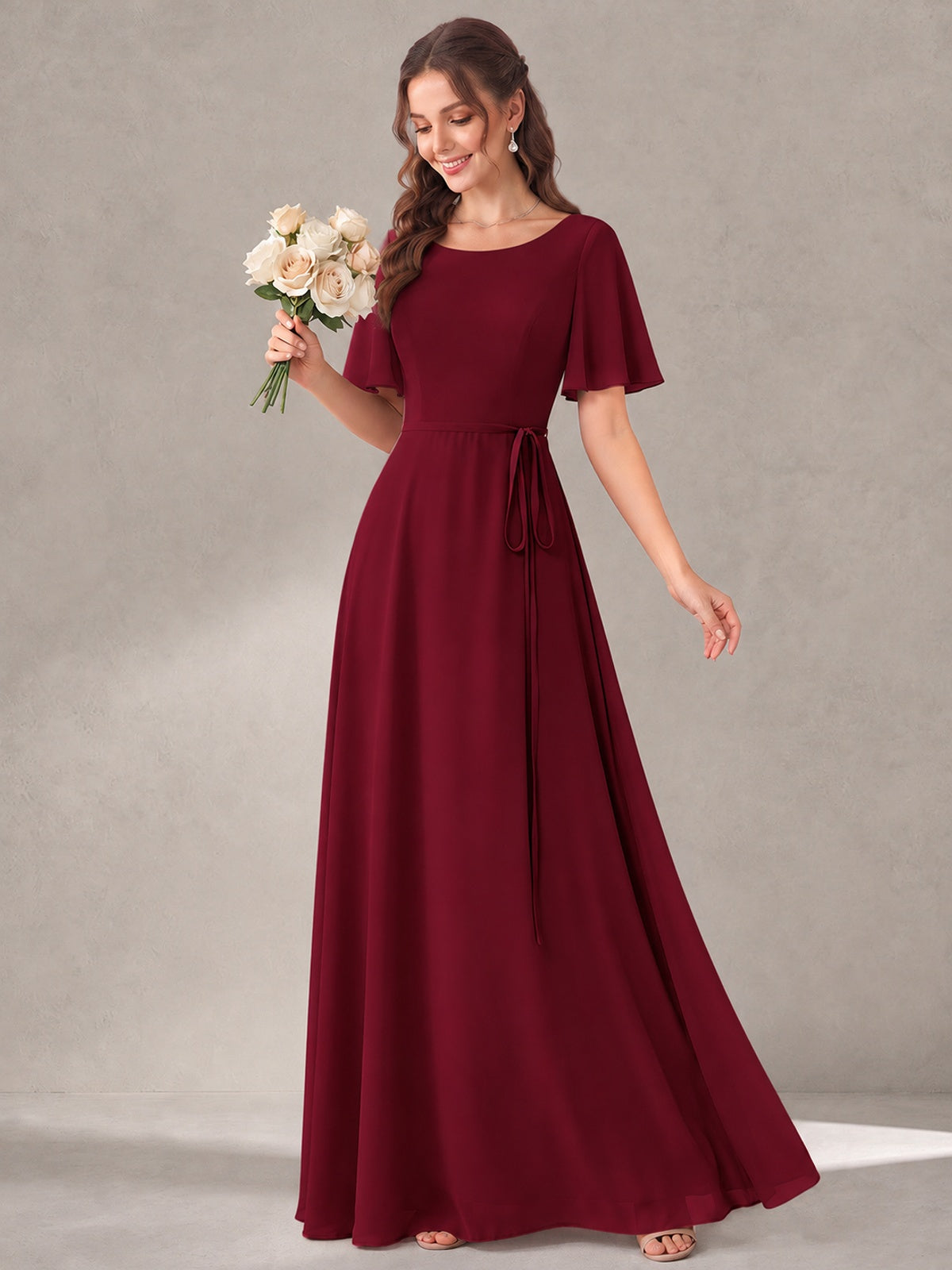 Scoop Neck A-line Chiffon Bridesmaid Dress with Flutter Sleeve & Belt