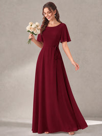 Scoop Neck A-line Chiffon Bridesmaid Dress with Flutter Sleeve & Belt