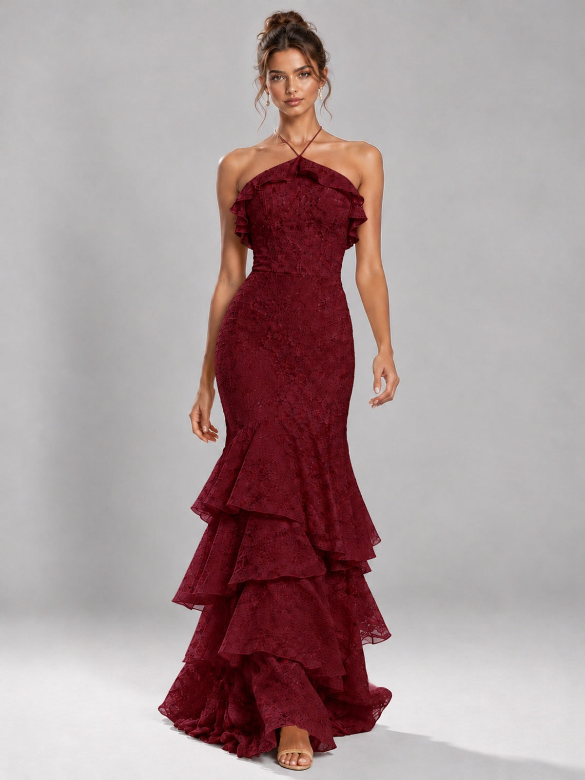 Halter Tiered Mermaid Prom Dress with Sparkly Lace