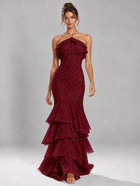 Halter Tiered Mermaid Prom Dress with Sparkly Lace
