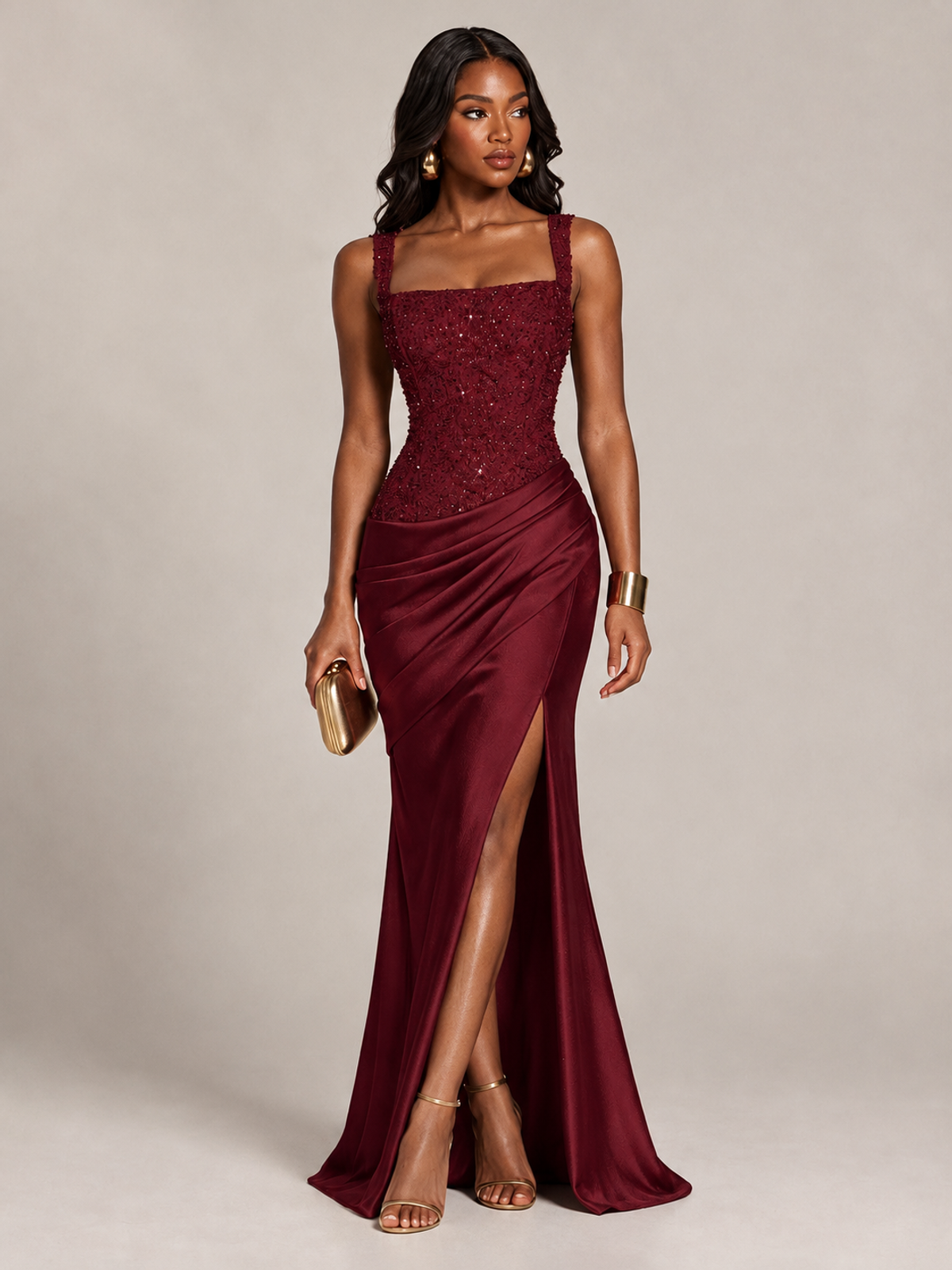 Scoop Neck Sequin Prom Dress with High Slit Satin Formal Gowns