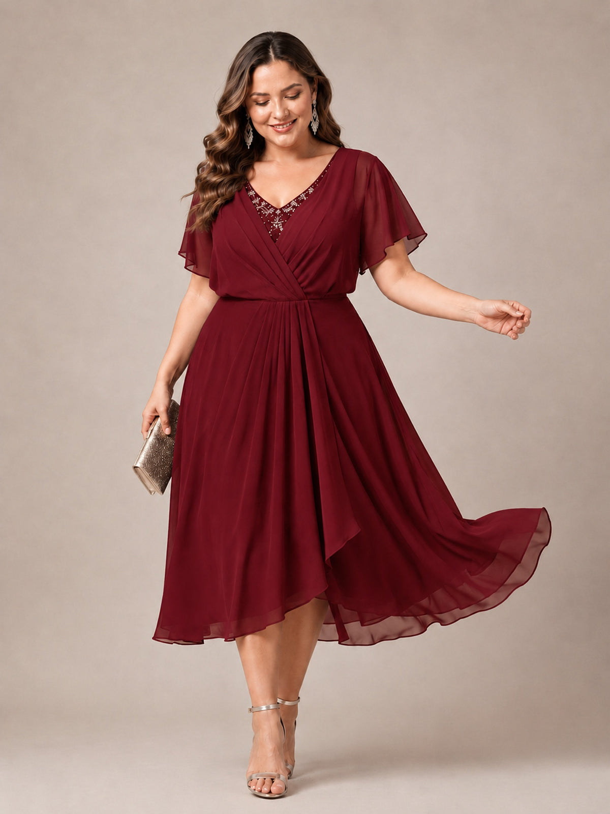 Navy Blue A-Line V-Neck Tea-Length Mother of the Bride Dress