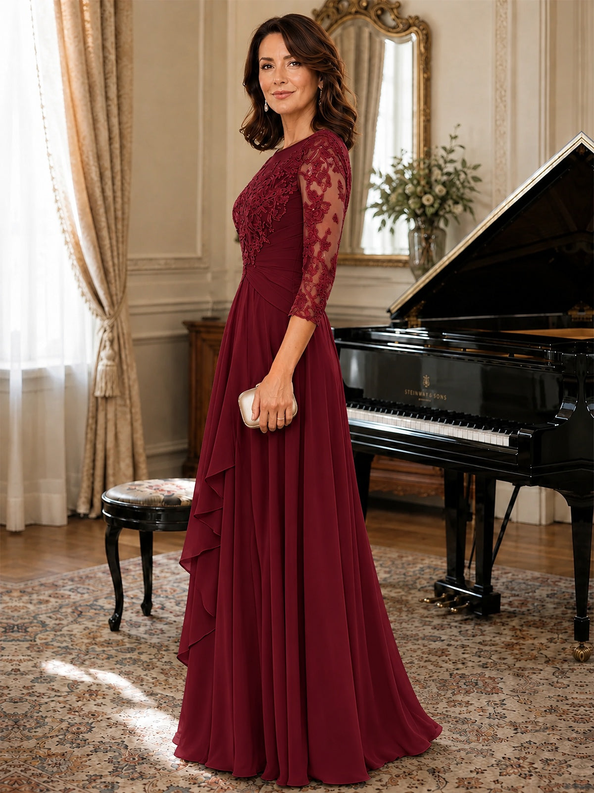 A-Line Chiffon Mother of the Bride Dress with Floral Applique 3/4 Sleeves