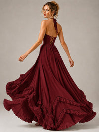 Halter V Neck Chiffon Formal Dress with Lace-Up Back and Ruffle Hem