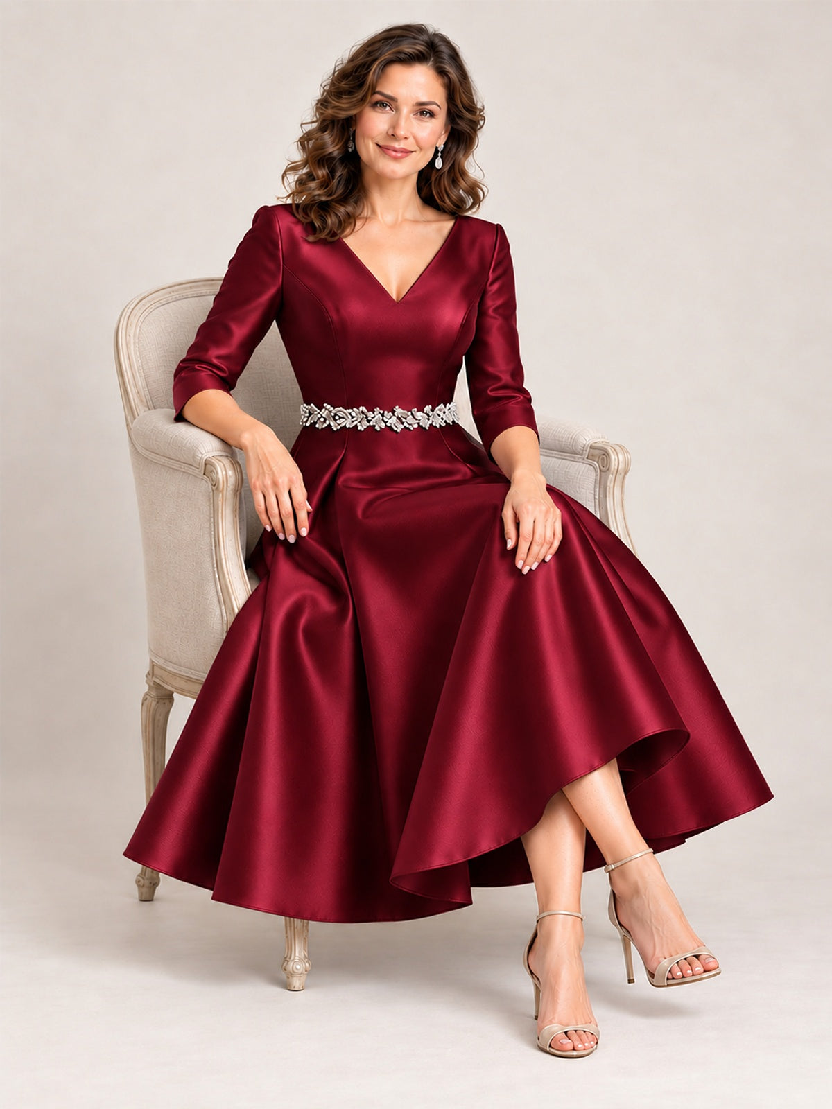 V-Neck Tea-Length Mother of the Bride Dress with Embellished Waist