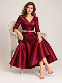 V-Neck Tea-Length Mother of the Bride Dress with Embellished Waist