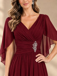 Ruched V Neck Mother of The Bride Dresses with Shawls Appliques and Cap Sleeves