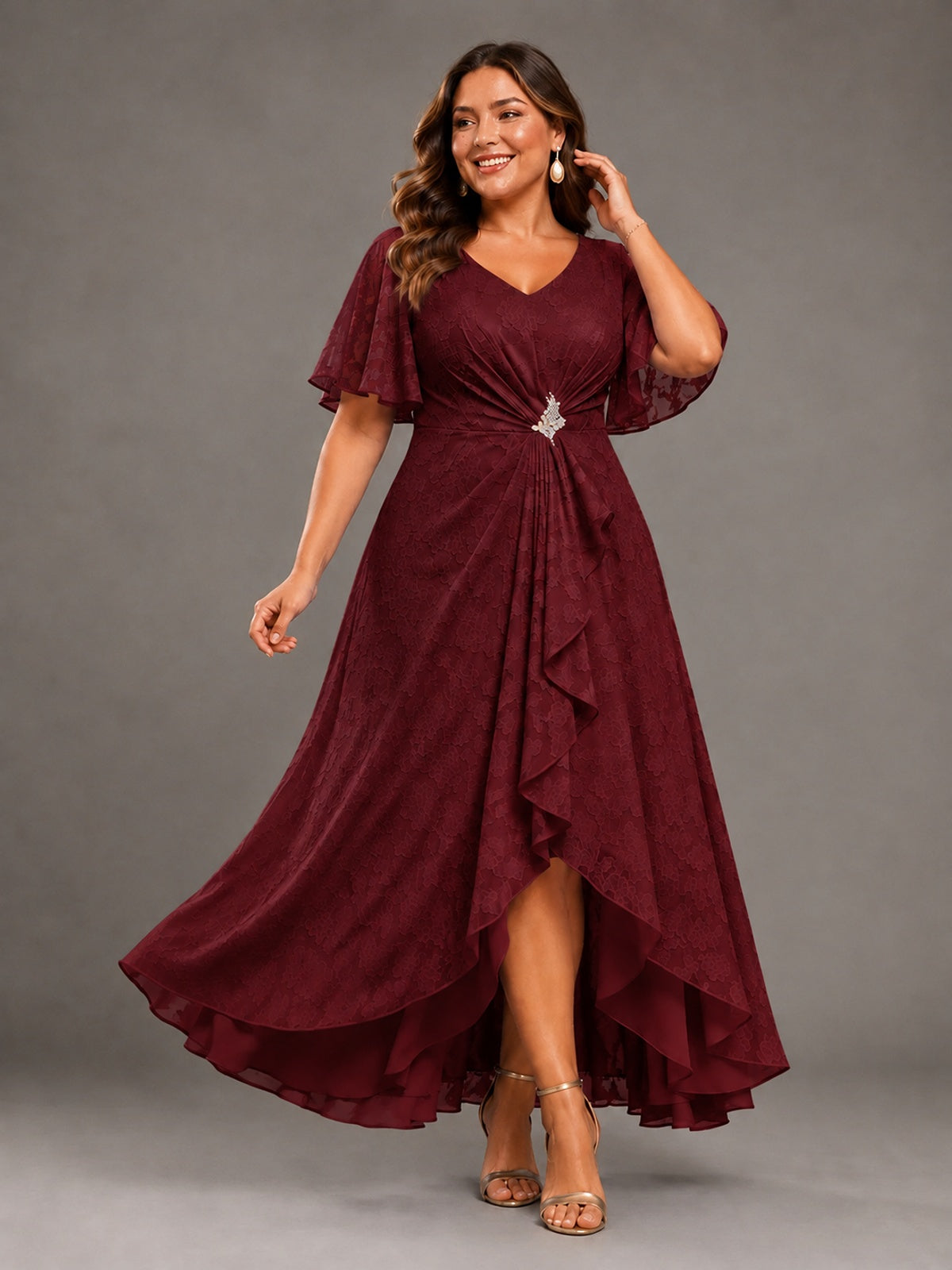 Jacquard Chiffon A-Line V-Neck High-Low Mother of the Bride Dress