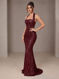Gold Halter Sequin Mermaid Ruched Prom Dress Long Ruched Evening Gown