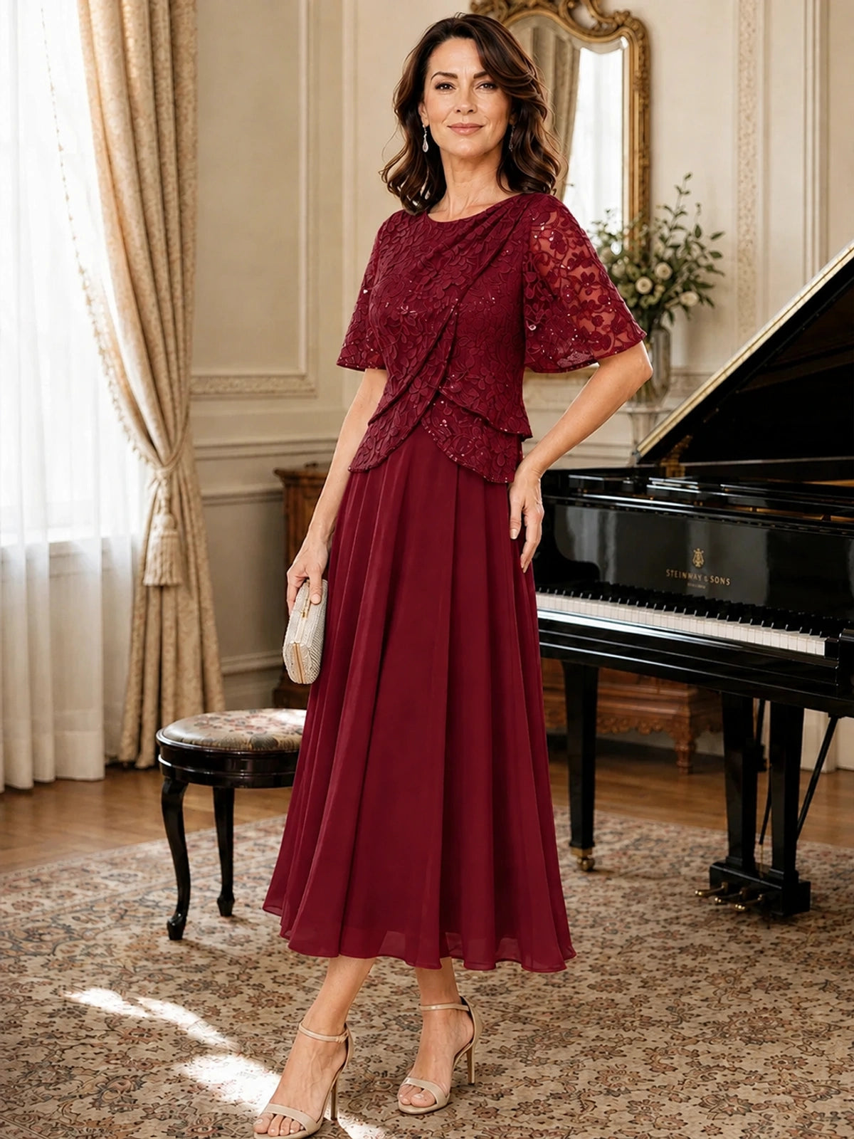Tea-Length Chiffon Mother of the Bride Dress with Sequin Lace Sleeves