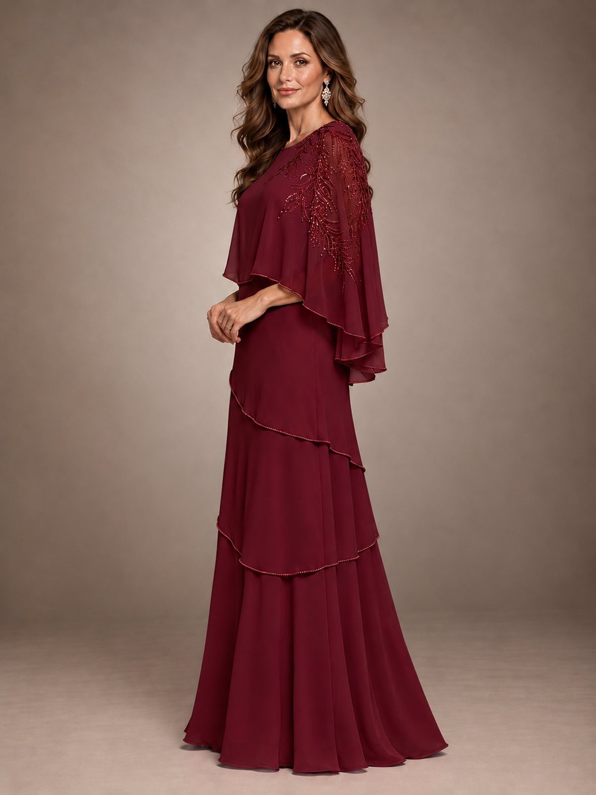 Elegant Chiffon Cape Sleeve Beaded Mother of the Bride Dress