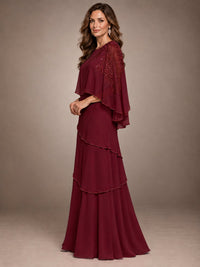 Elegant Chiffon Cape Sleeve Beaded Mother of the Bride Dress