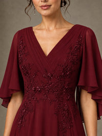 V-Neck Chiffon Lace Mother of the Bride Dress with Flutter Sleeves