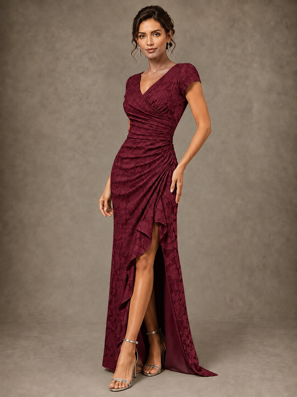 V-Neck Floral Jacquard Mother of the Bride Dress with Slit
