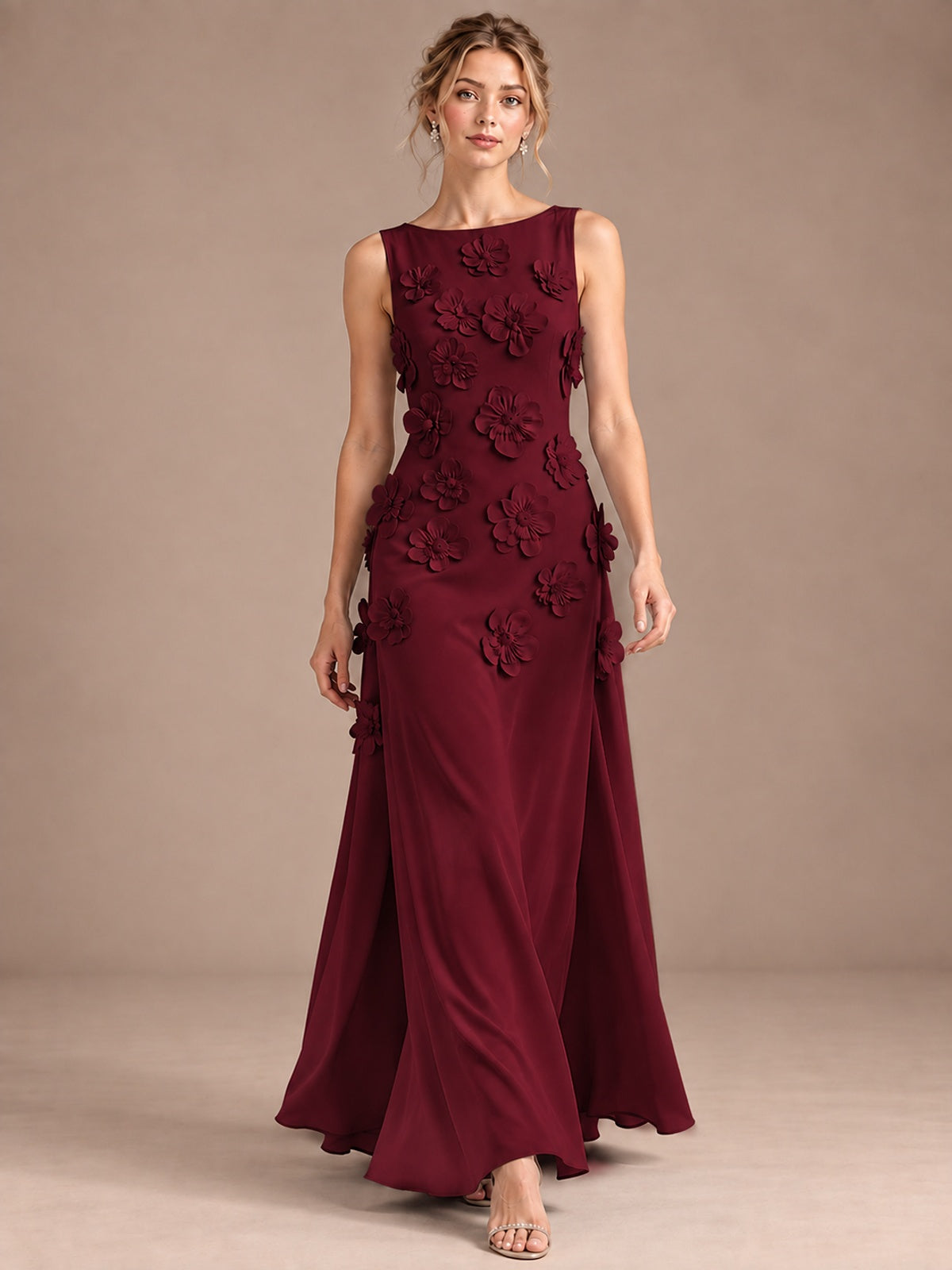 3D Floral Applique Sleeveless Formal Maxi Dress
