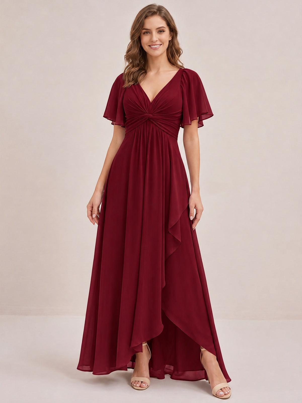 Dusty Blue Chiffon Bridesmaid Dress with Flutter Sleeves & High-Low Hem