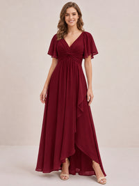 Dusty Blue Chiffon Bridesmaid Dress with Flutter Sleeves & High-Low Hem