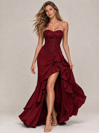 Strapless Lace Appliques Corset Satin Prom Dress Ruffle Slit Evening Gown