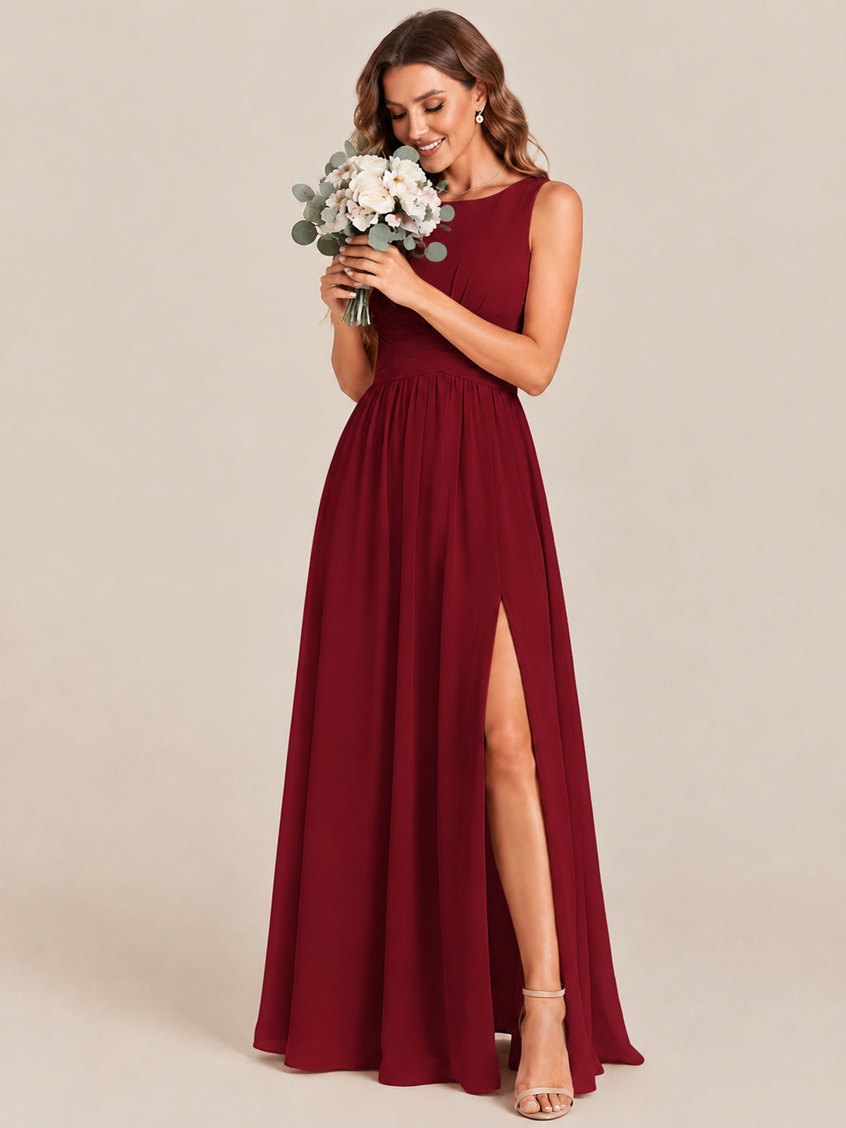 A-line Sleeveless Rucehd Chiffon Bridesmaid Dress with High Slit