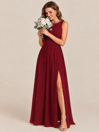A-line Sleeveless Rucehd Chiffon Bridesmaid Dress with High Slit