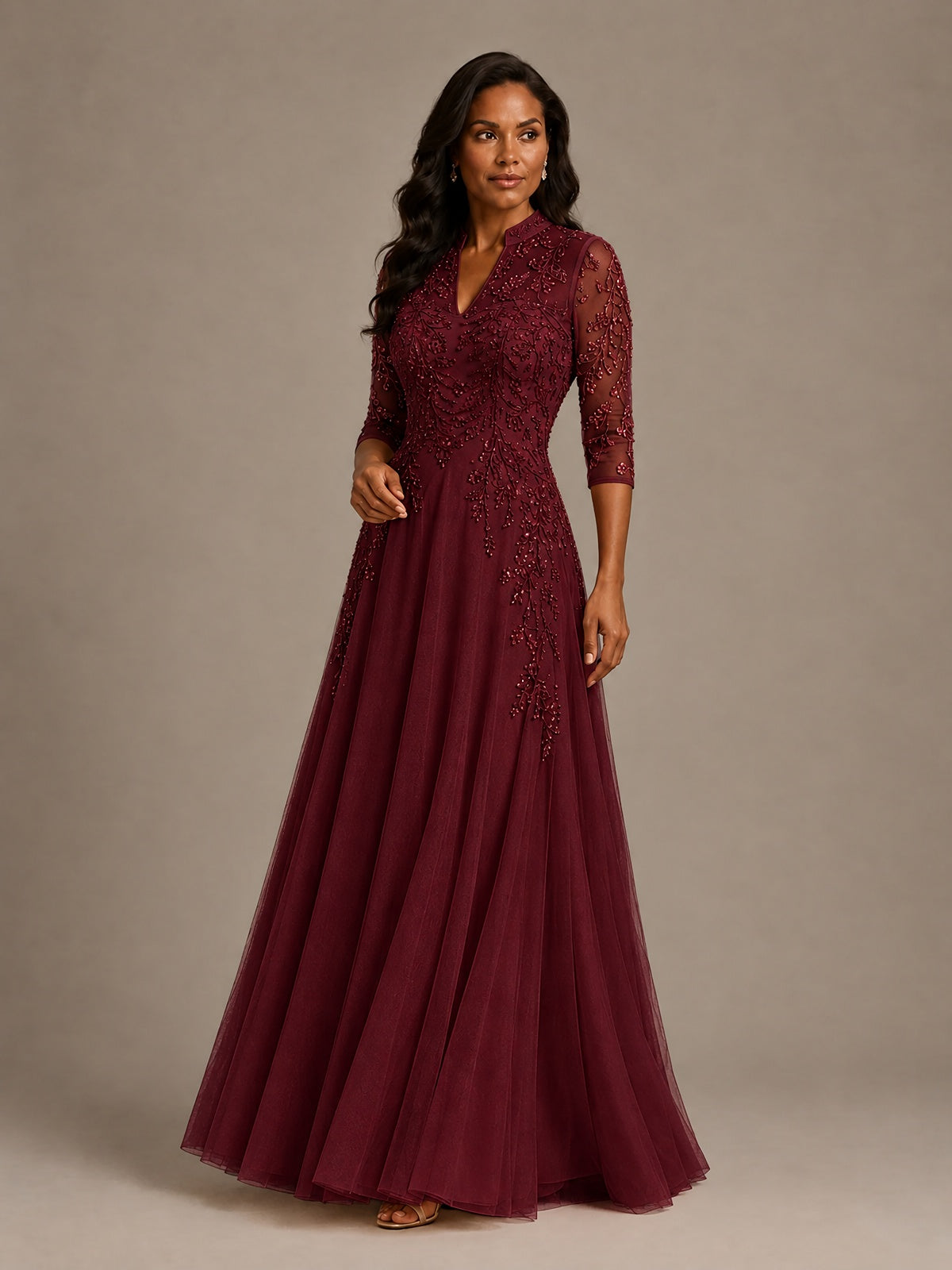 Embellished Appliques Mother of the Bride Dress with 3/4 Sleeves