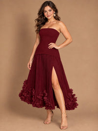 Navy Blue Strapless Pleated A-Line Midi Dress with 3D Floral Applique