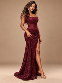 Gold Sequin Strapless Corset Prom Dress with High Slit