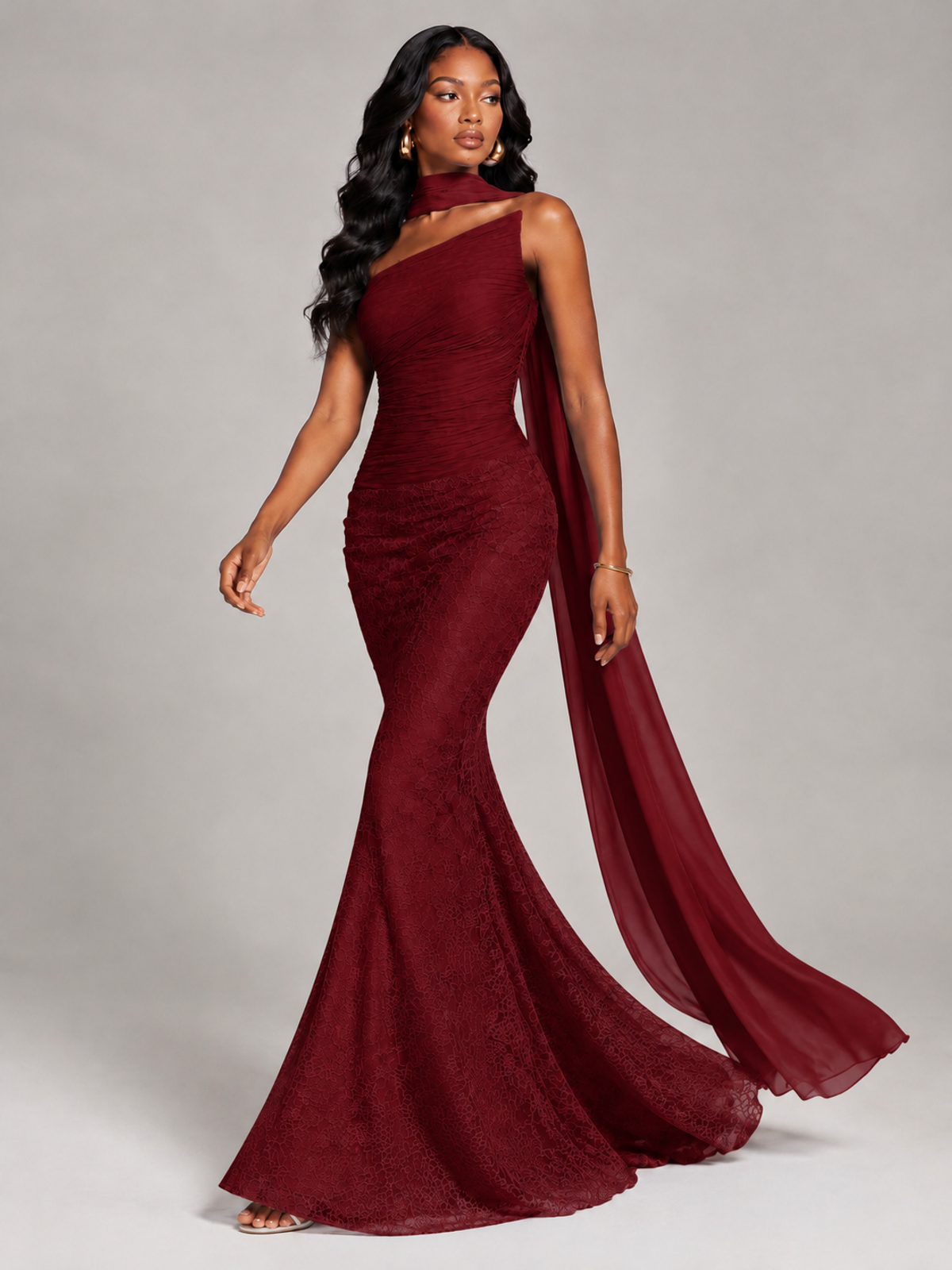 Pleated Chiffon Lace Prom Dresses Long Bodycon Mermaid with Scarf