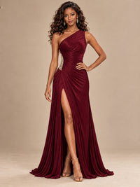 Burgundy One Shoulder Ruched Prom Dress with High Slit & Beaded Waist