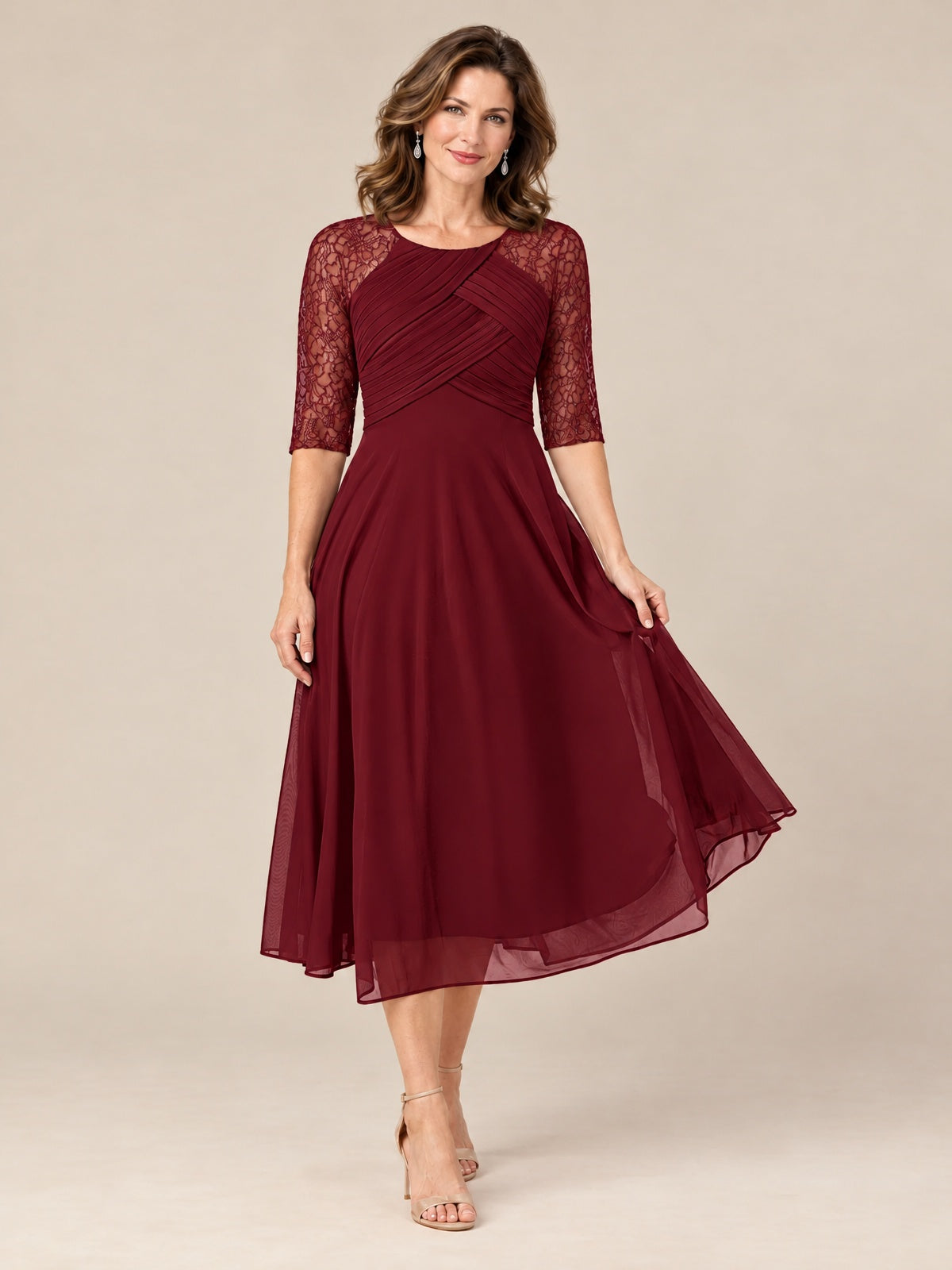 Tea-Length Mother of the Bride Dress with Lace 3/4 Sleeves