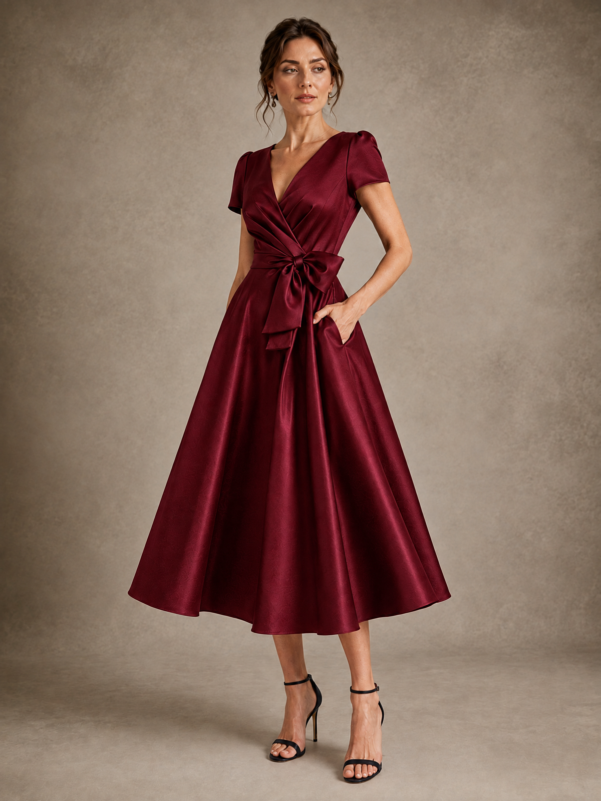V-Neck Tea-Length Satin Mother of the Bride Dress with Bow