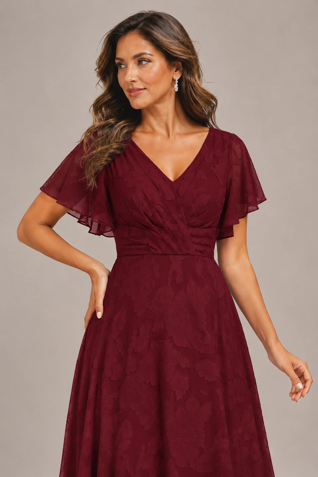 Jovellee Floral Chiffon A-Line Mother of the Bride Dress with Flutter Sleeves