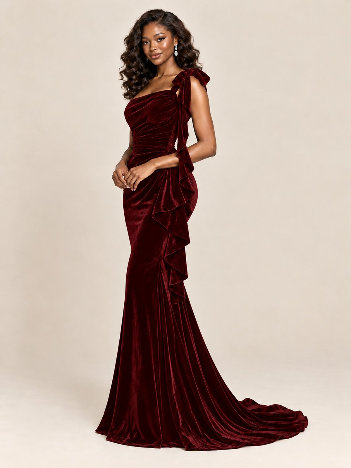 Black Velvet One-Shoulder Mermaid Evening Gown with Bow & Ruffles