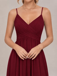 V-Neck Pleated Chiffon Long Bridesmaid Dress with Slit