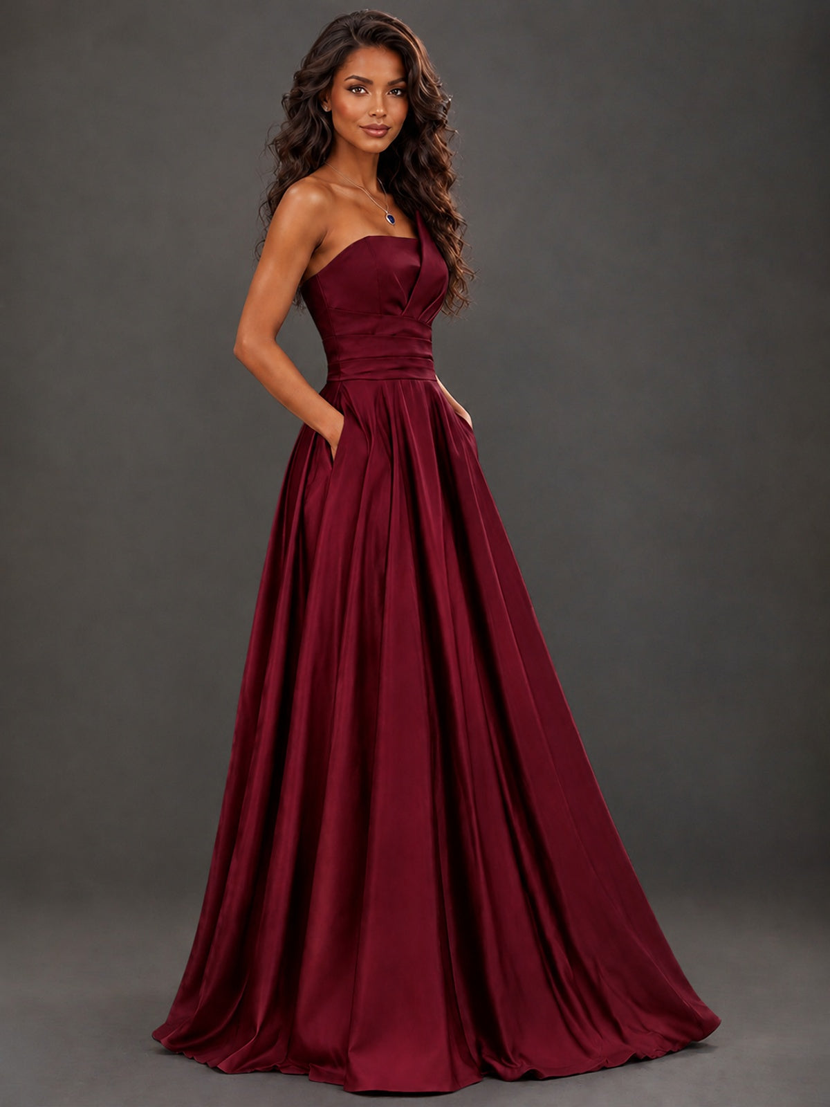 Draped Satin Prom Dress Strapless A-line Formal Dress Floor Length