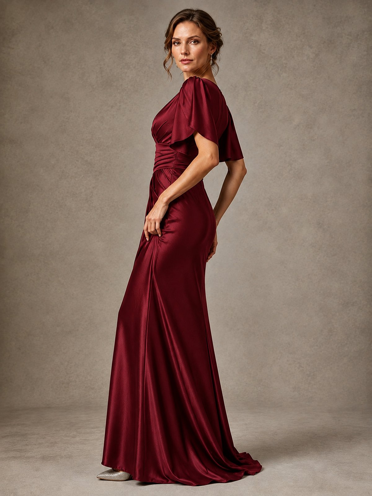 V-Neck Satin Mother of the Bride Dress with Flutter Sleeves