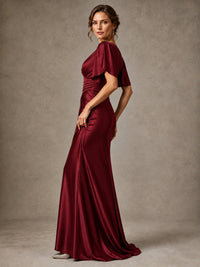 V-Neck Satin Mother of the Bride Dress with Flutter Sleeves