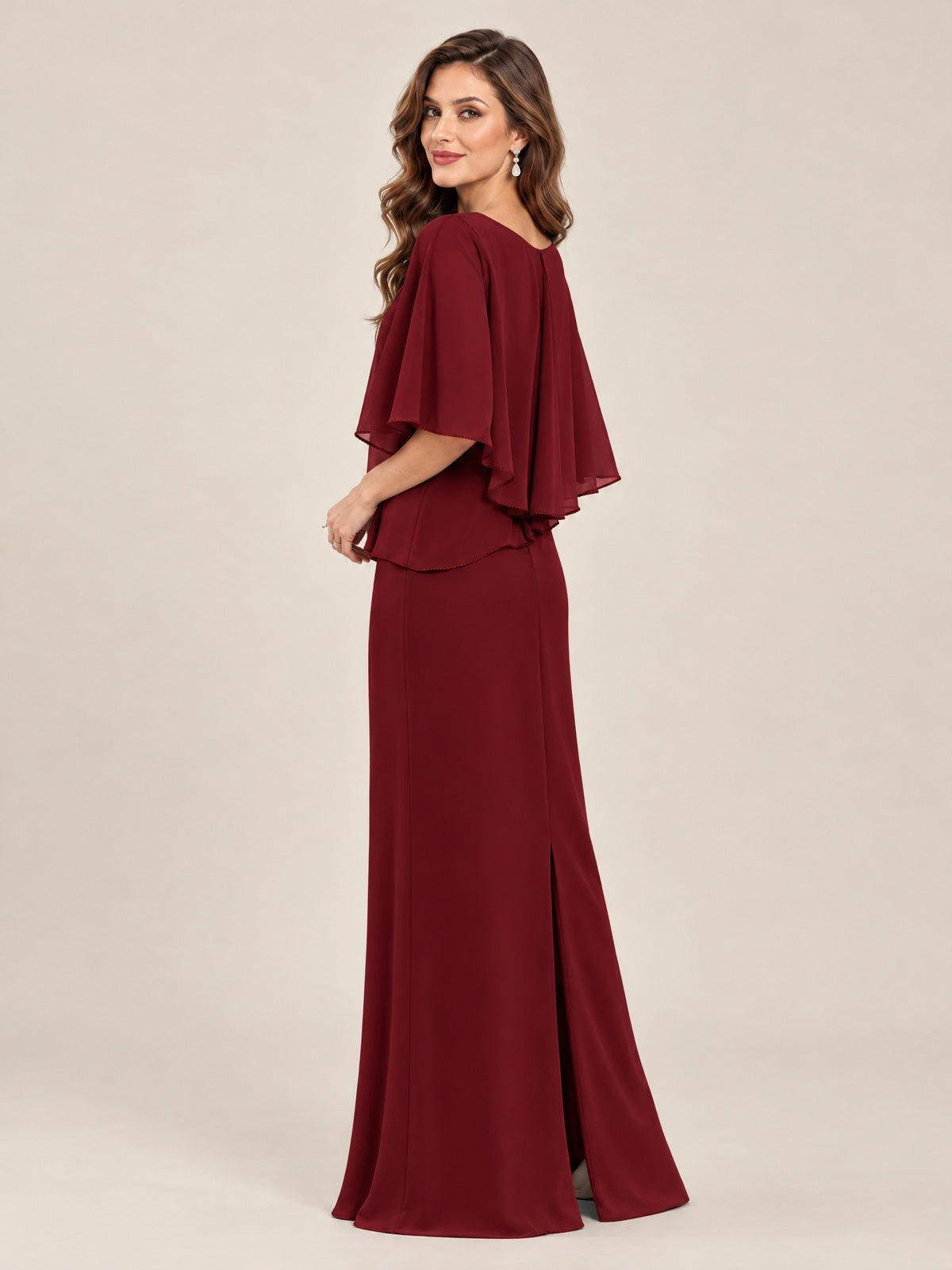 Cape Sleeve Mother of the Bride Dress with Asymmetrical Overlay
