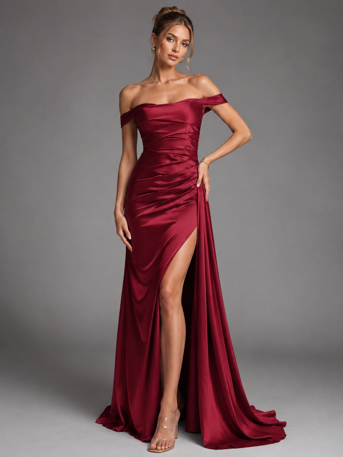 Off Shoulder Satin Maxi Dress with Slit