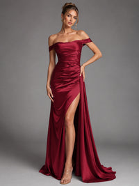 Off Shoulder Satin Maxi Dress with Slit