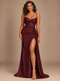 Burgundy Sequin Corset Prom Dress with High Slit